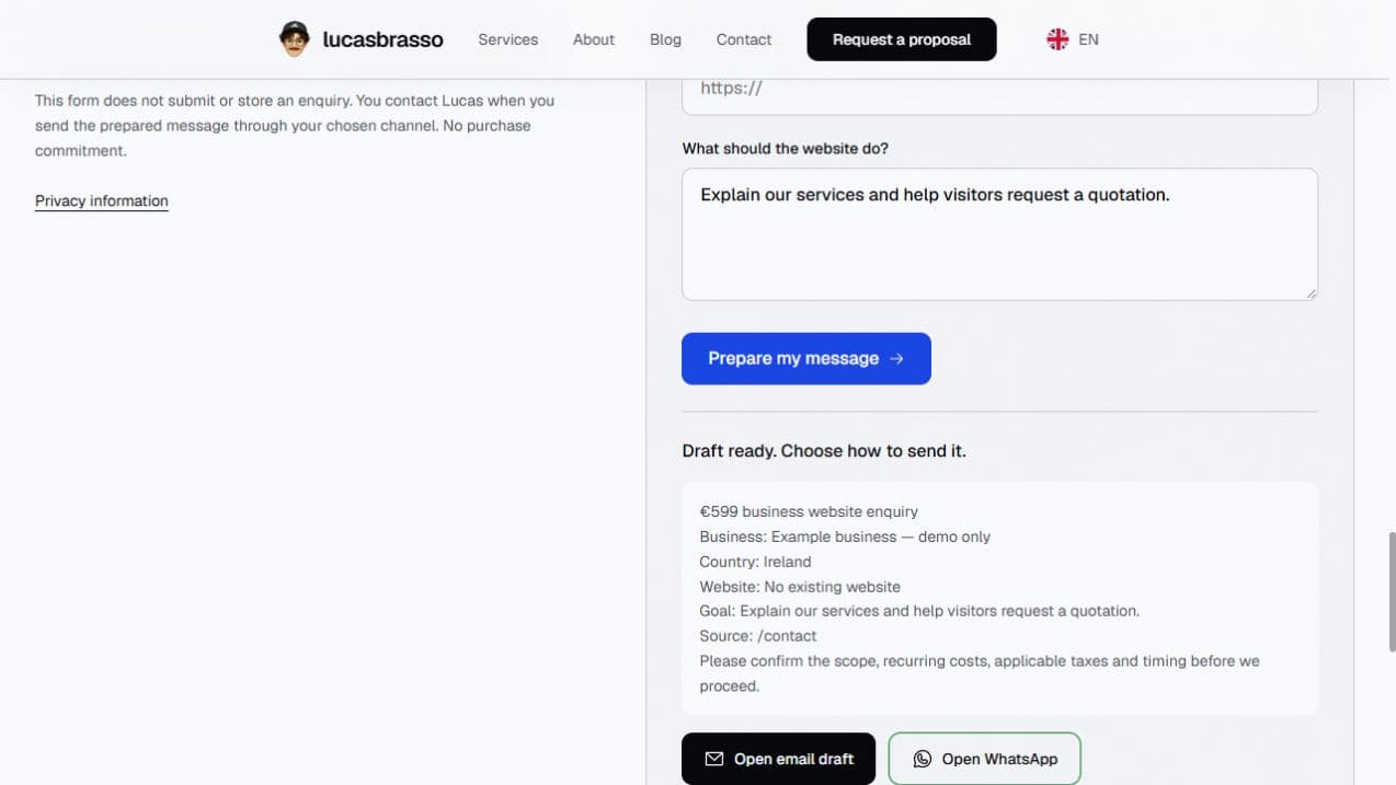 Actual Lucas Brasso contact brief showing a prepared sample enquiry and separate email and WhatsApp actions
