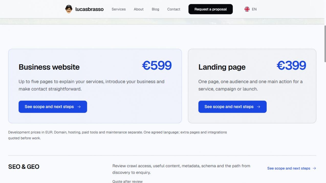 Lucas Brasso’s live Services page with its landscape background, business website offer and landing page offer